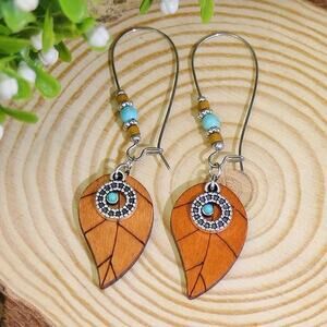 NEW Western Wooden Leaf Feather Earrings Brown with Turquoise Beading Boho Drop
